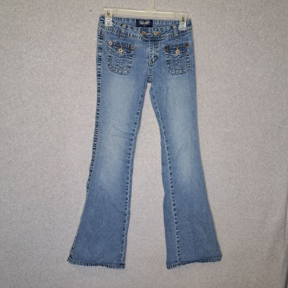 Y2K Angels Size 1 Blue Denim Flare Stretch Jeans Women's Juniors VTG